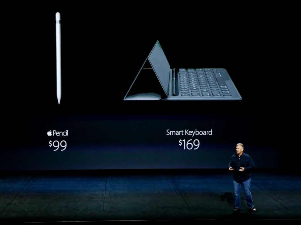 PHOTO: Phil Schiller, Apples senior vice president of worldwide marketing, announces the pricing for the Apple Pencil and the Smart Keyboard during the Apple event at the Bill Graham Civic Auditorium in San Francisco, Sept. 9, 2015.