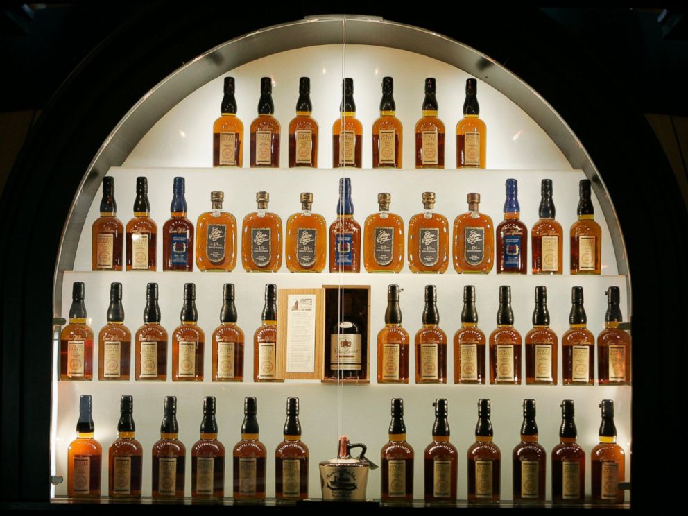 PHOTO: Bottles of bourbon are on display in a case at the Heaven Hill Bourbon Heritage Center in Bardstown, Ky. on April 8, 2009.