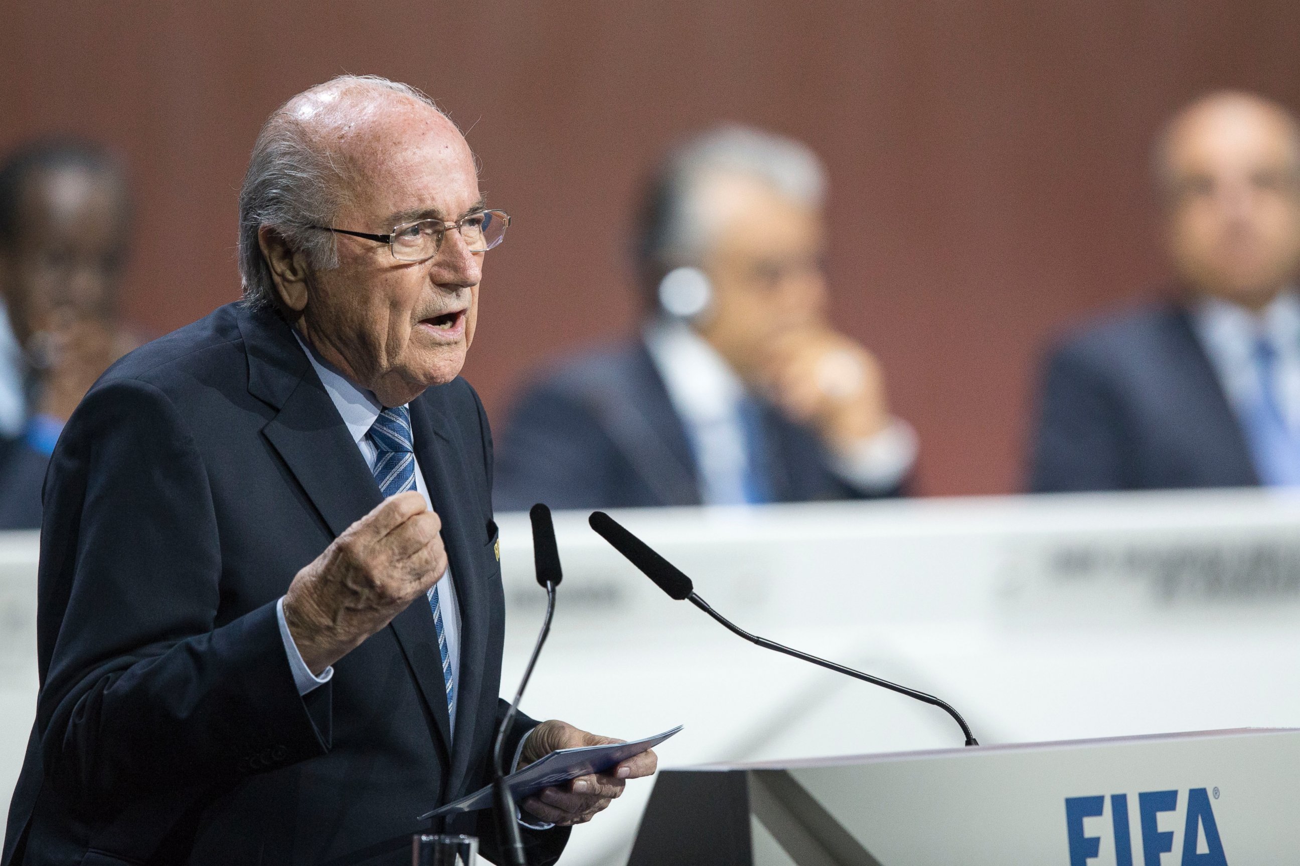 PHOTO: FIFA president Joseph S. Blatter speaks during the 65th FIFA Congress held at the Hallenstadion in Zurich, Switzerland, May 29, 2015, where he runs for re-election. 
