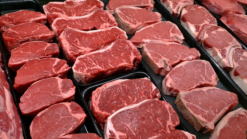 PHOTO: A file photo shows steaks and other beef products displayed for sale at a grocery store in McLean, Va.