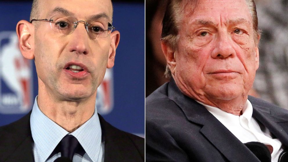 NBA Commissioner Adam Silver reads a statement during a news conference, in New York, April 29, 2014. Right, Los Angeles Clippers owner Donald Sterling, Dec. 19, 2010.