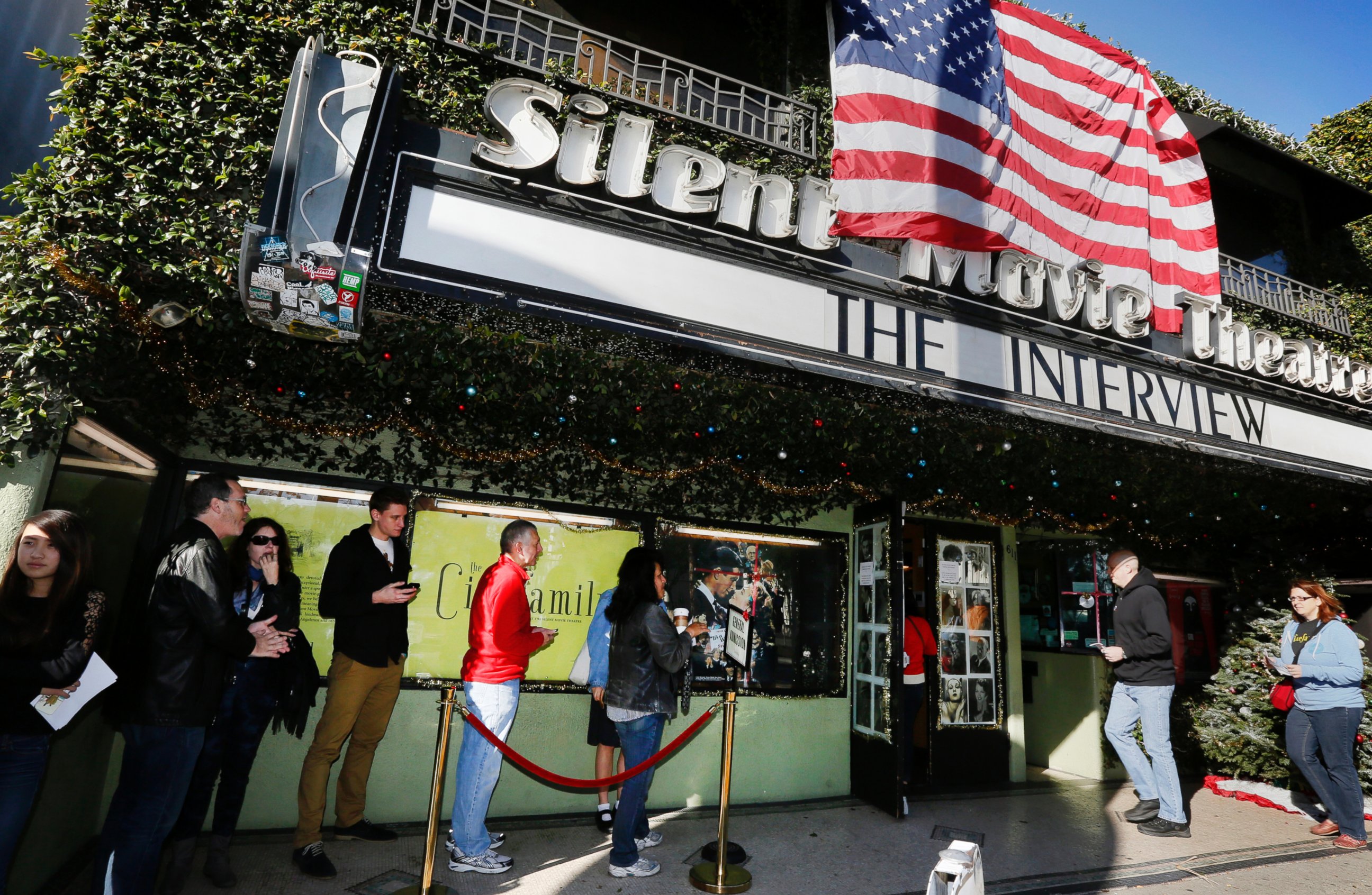 PHOTO: Patrons queue up to see "The Interview" at the the Cinefamily at Silent Movie Theater in Los Angeles on Dec. 25, 2014.
