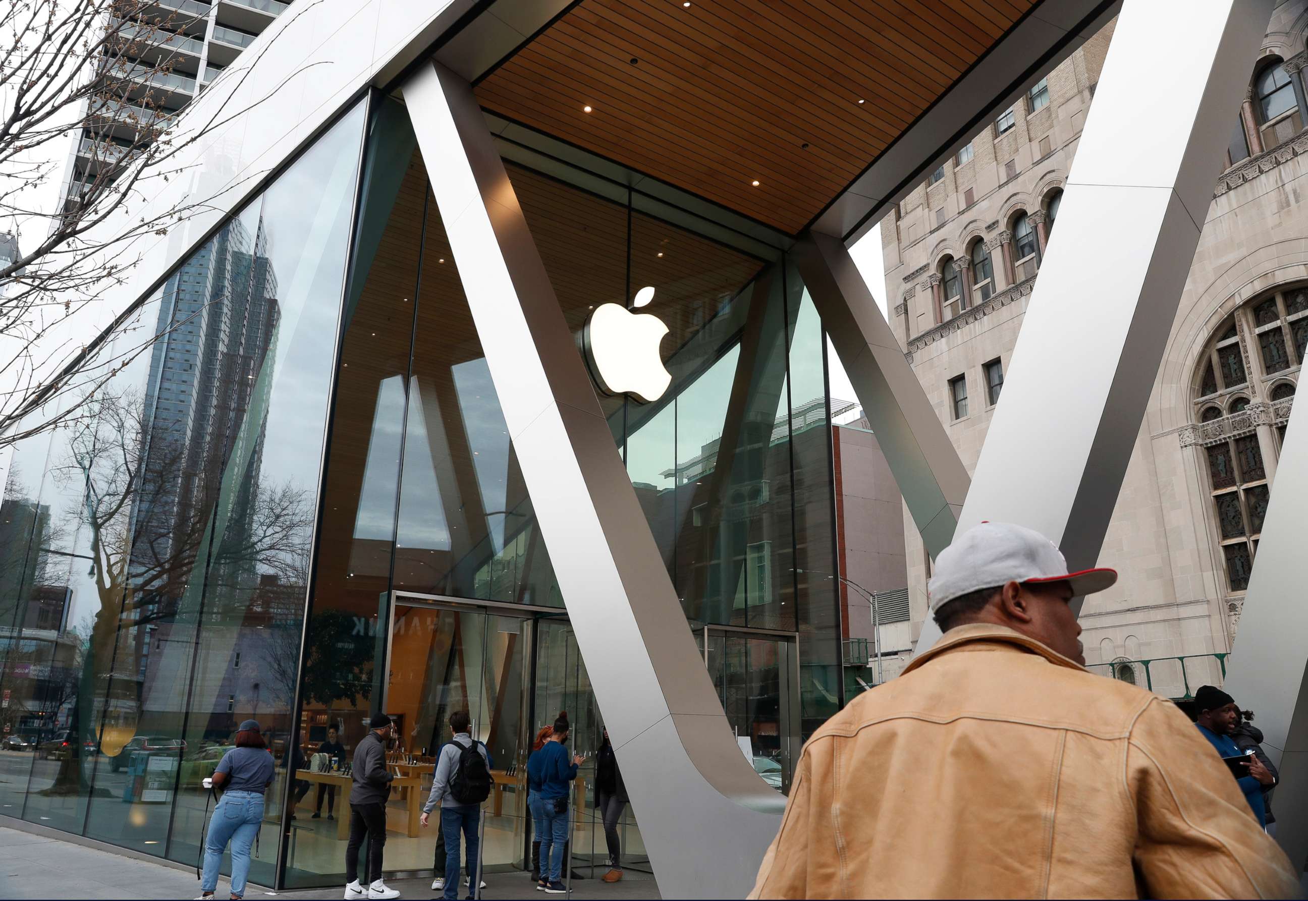 PHOTO: The facade of a closed downtown Brooklyn Apple store in viewed, March 14, 2020, in New York, after the tech giant announced it is closing all its stores outside of China for two weeks. 