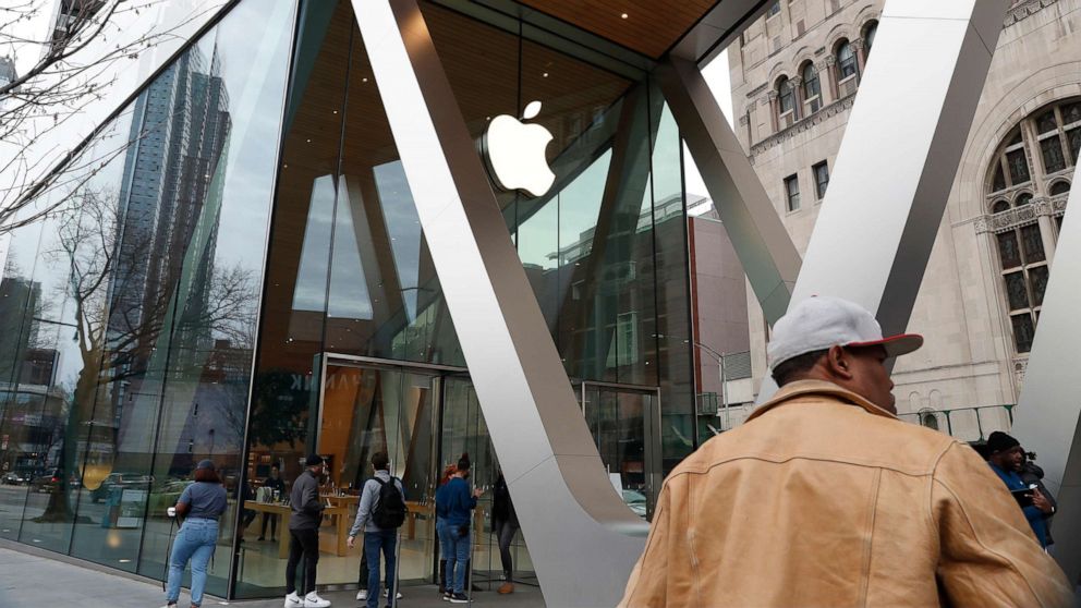 PHOTO: The facade of a closed downtown Brooklyn Apple store in viewed, March 14, 2020, in New York, after the tech giant announced it is closing all its stores outside of China for two weeks. 