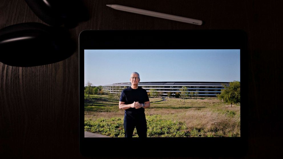PHOTO: Apple CEO Tim Cook speaks during a virtual event to announce new Apple products, April 20, 2021.