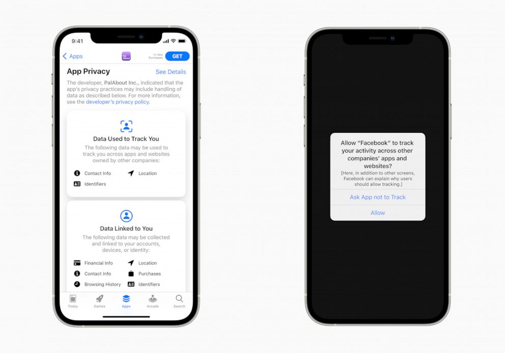 PHOTO: Graphics released by Apple show a new "privacy nutrition label," and an application requesting permission to track users across multiple apps or websites.