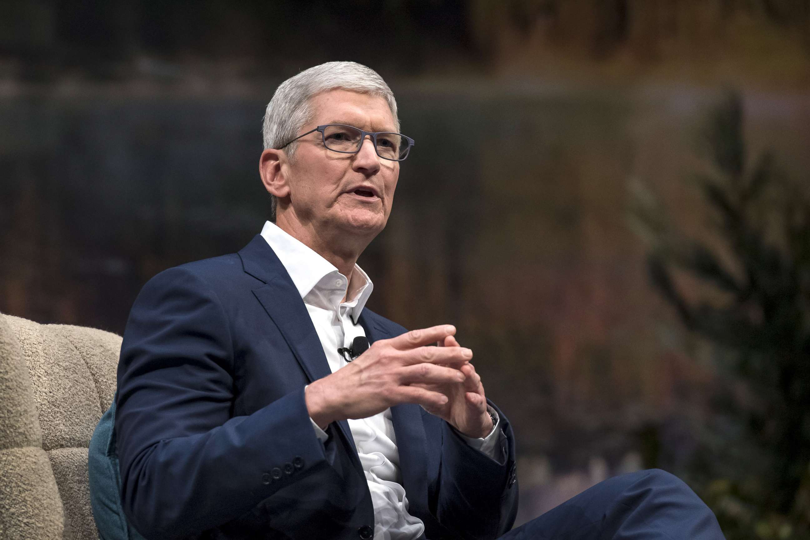 PHOTO: Tim Cook, chief executive officer of Apple Inc., speaks during the 2019 DreamForce conference in San Francisco.