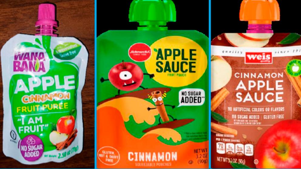 PHOTO: This image shows three recalled applesauce products: WanaBana apple cinnamon fruit puree pouches, Schnucks-brand cinnamon-flavored applesauce pouches and variety pack, and Weis-brand cinnamon applesauce pouches.