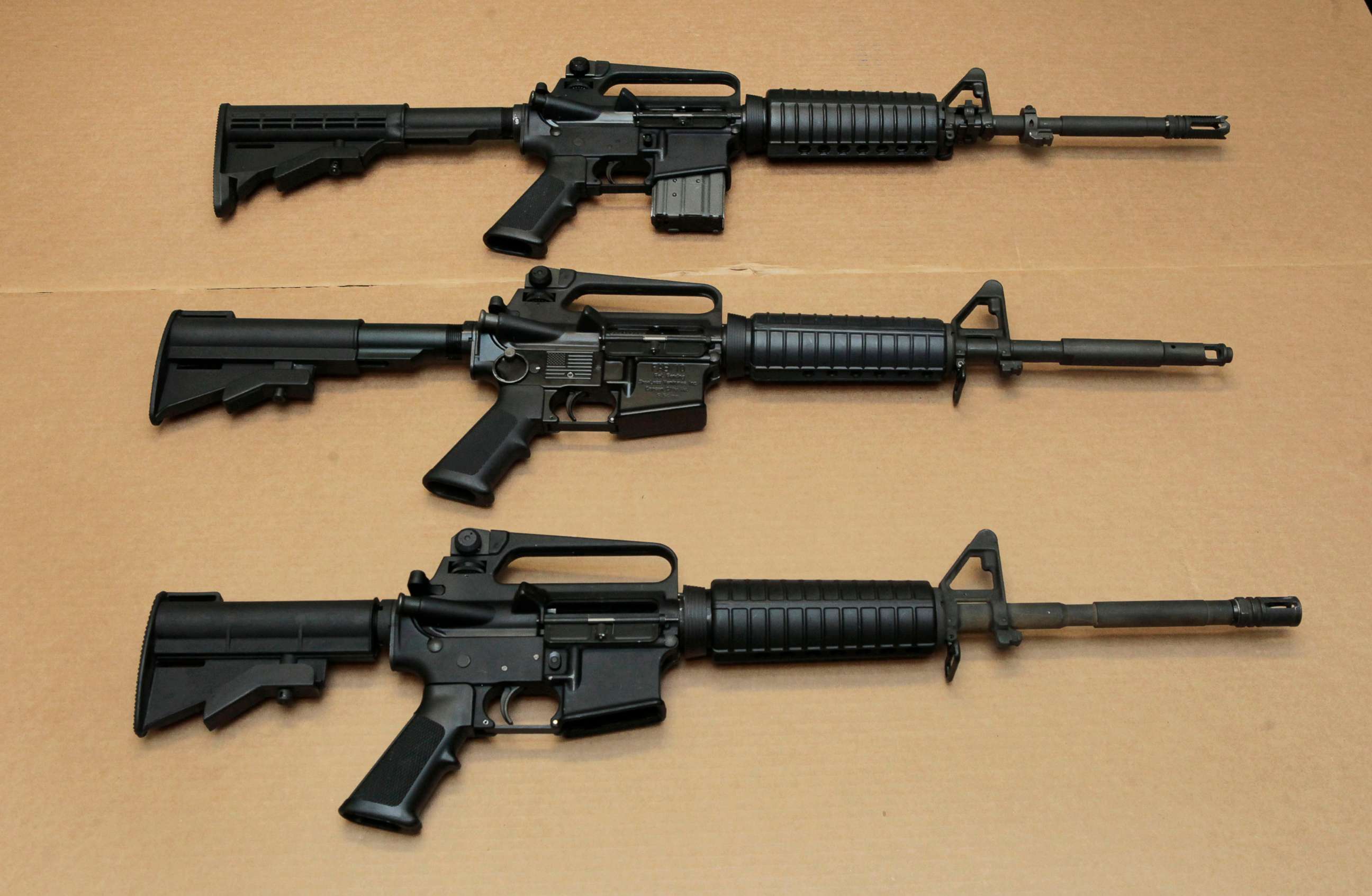 PHOTO: In this Aug. 15, 2012 file photo three variations of the AR-15 assault rifle are displayed at the California Department of Justice in Sacramento, Calif.