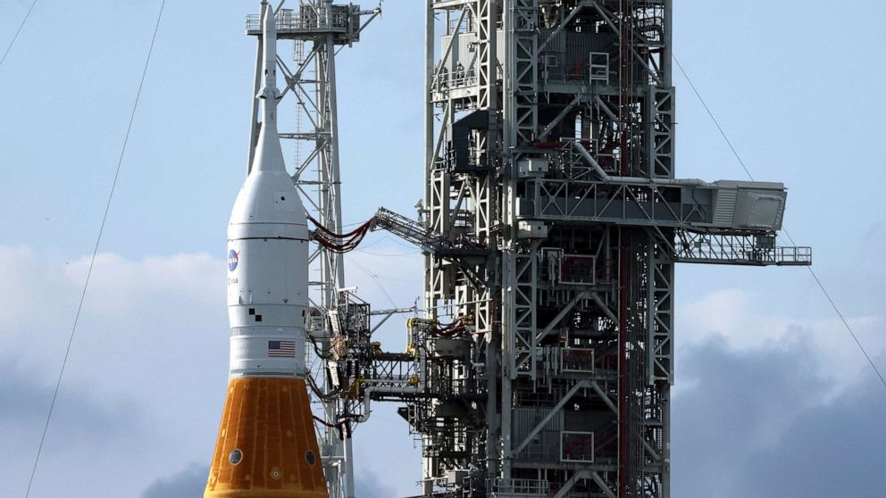PHOTO: NASA's Space Launch System rocket with the Orion spacecraft on top stands on Launch Pad 39B as final preparations are made for the Artemis I mission at Kennedy Space Center, Nov. 14, 2022, in Cape Canaveral, Florida.