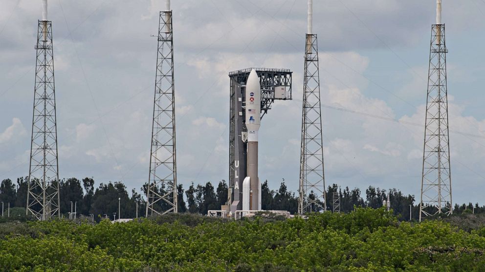 PHOTO: A United Launch Alliance Atlas V rocket with NASA's Mars 2020 Perseverance rover onboard is seen on the launch pad at Space Launch Complex 41, July 28, 2020, at Cape Canaveral Air Force Station in Florida.