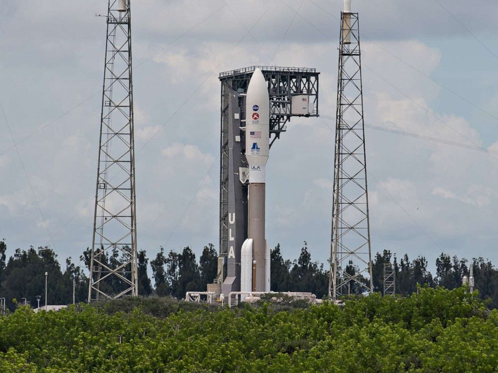 PHOTO: A United Launch Alliance Atlas V rocket with NASA's Mars 2020 Perseverance rover onboard is seen on the launch pad at Space Launch Complex 41, July 28, 2020, at Cape Canaveral Air Force Station in Florida.