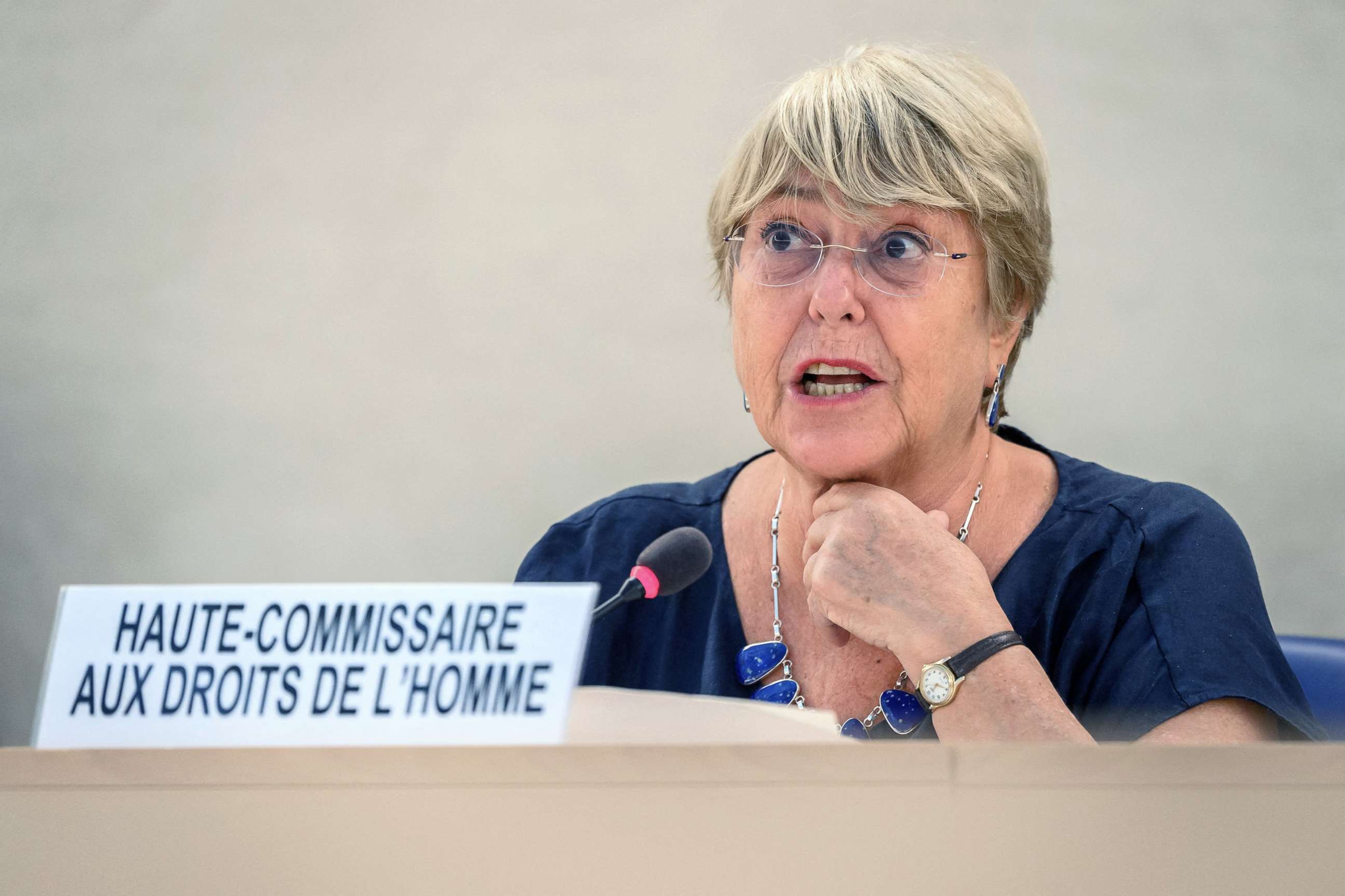 PHOTO: United Nations High Commissioner for Human Rights Michelle Bachelet delivers a speech at the opening of a session of the UN Human Rights Council, Sept, 13, 2021, in Geneva.