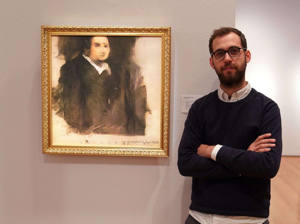 PHOTO: Pierre Fautrel stands next to a work of art created by an algorithm titled "Portrait of Edmond de Belamy," at Christies in New York, Oct. 22, 2018. 