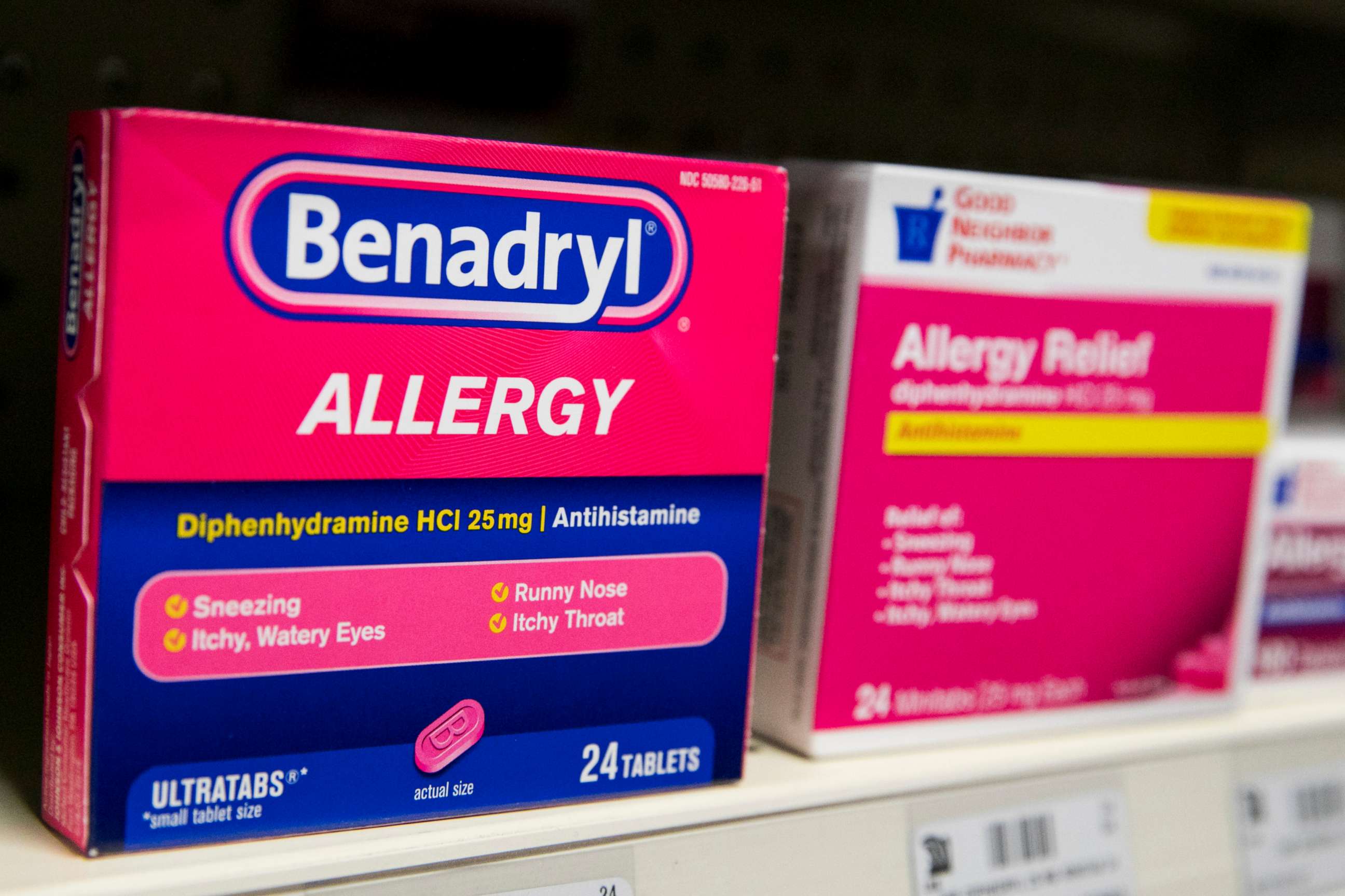PHOTO: Benadryl allergy medicine sits on a shelf at a pharmacy in Remington, Va., on Feb. 26, 2019.