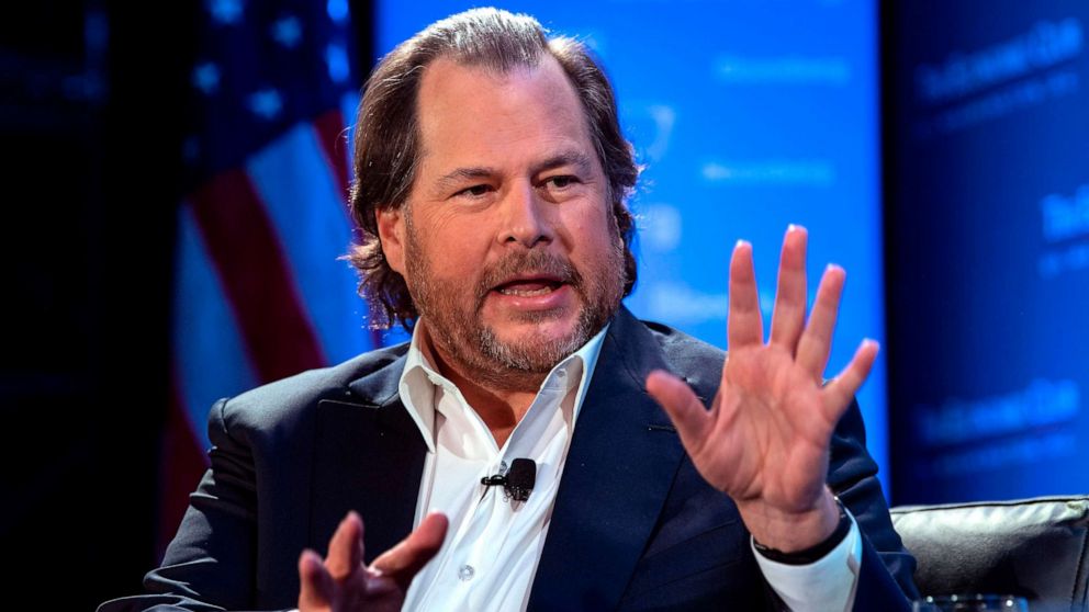 PHOTO: Marc Benioff, founder, chairman and co-CEO of Salesforce, speaks at an Economic Club of Washington luncheon in Washington, DC, on October 18, 2019.