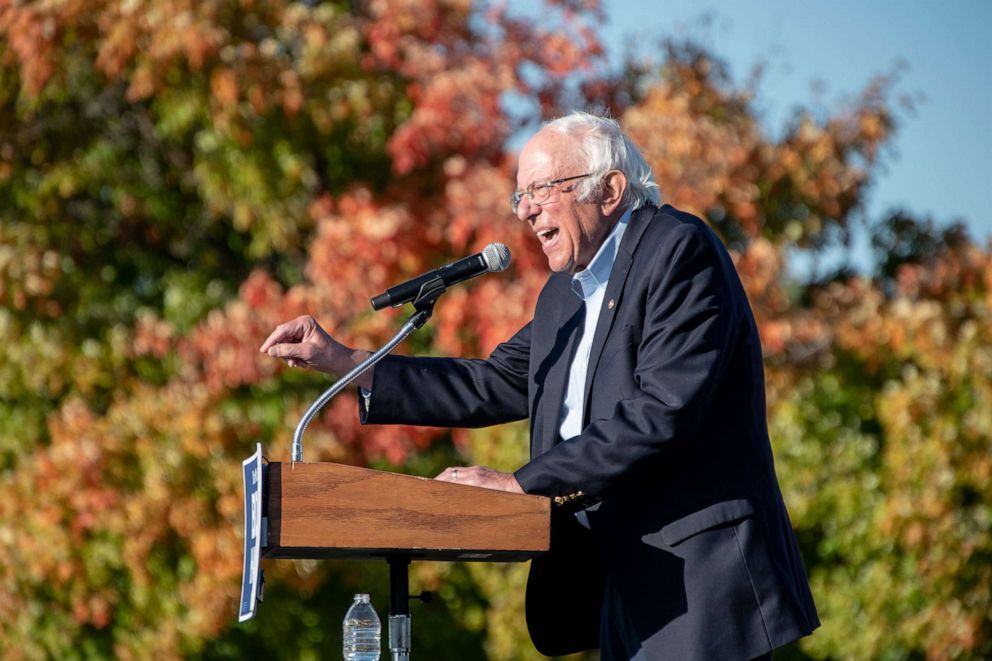 PHOTO: Bernie Sanders holds a campaign rally in support for Joe Biden and Kamala Harris at Macomb Community College in Warren, Mich., on Oct. 5, 2020.