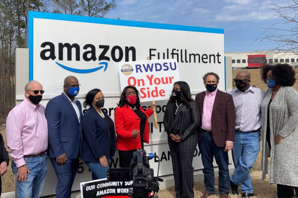 PHOTO: Democratic members of Congress join representatives of the Retail, Wholesale and Department Store Union gather outside an Amazon fulfillment center in Bessemer, Ala., on March 5, 2021, to advocate for the unionization vote at the sprawling campus.
