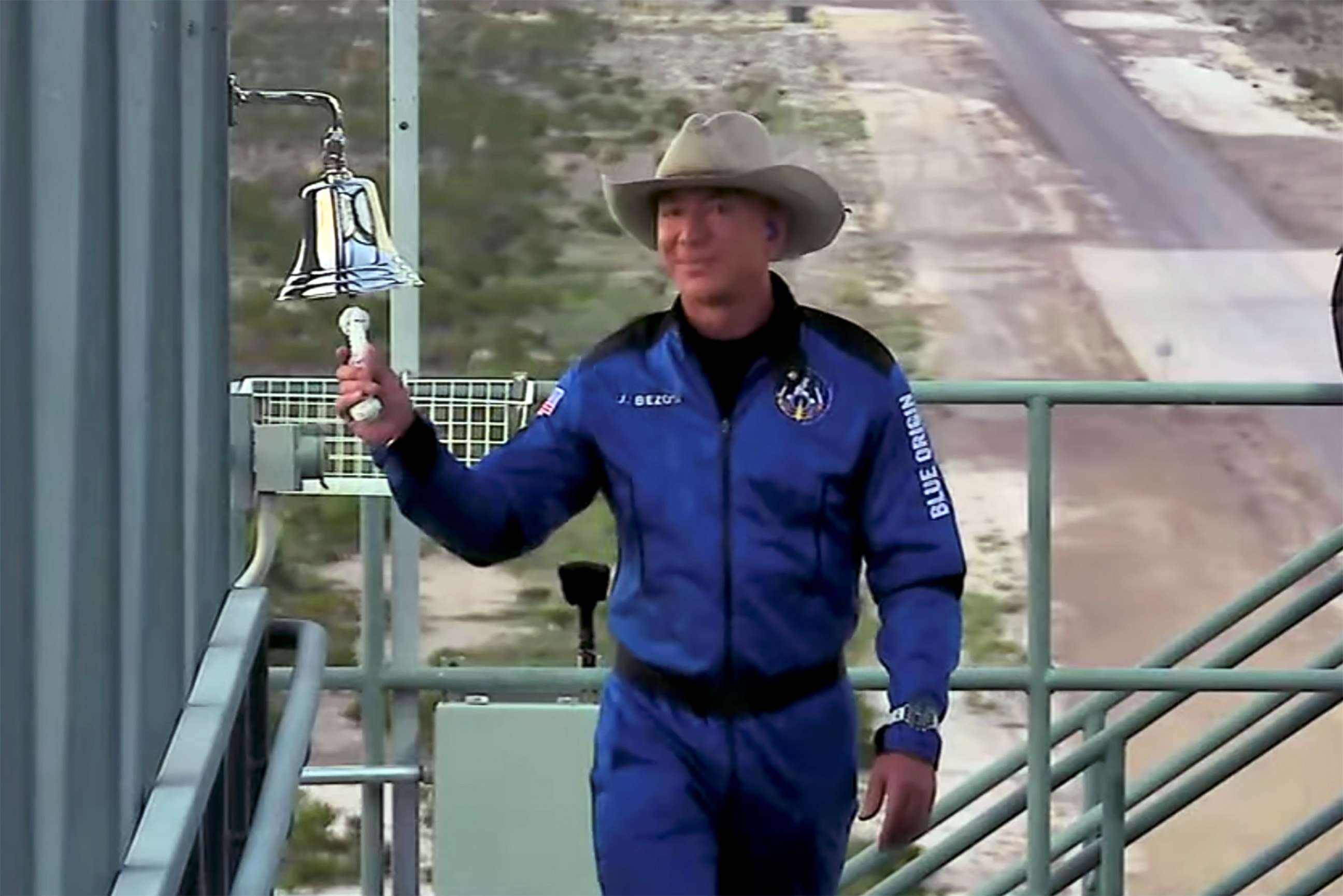 PHOTO: Billionaire Jeff Bezos rings a bell before boarding Blue Origin's New Shepard rocket near Van Horn, Texas, July 20, 2021.