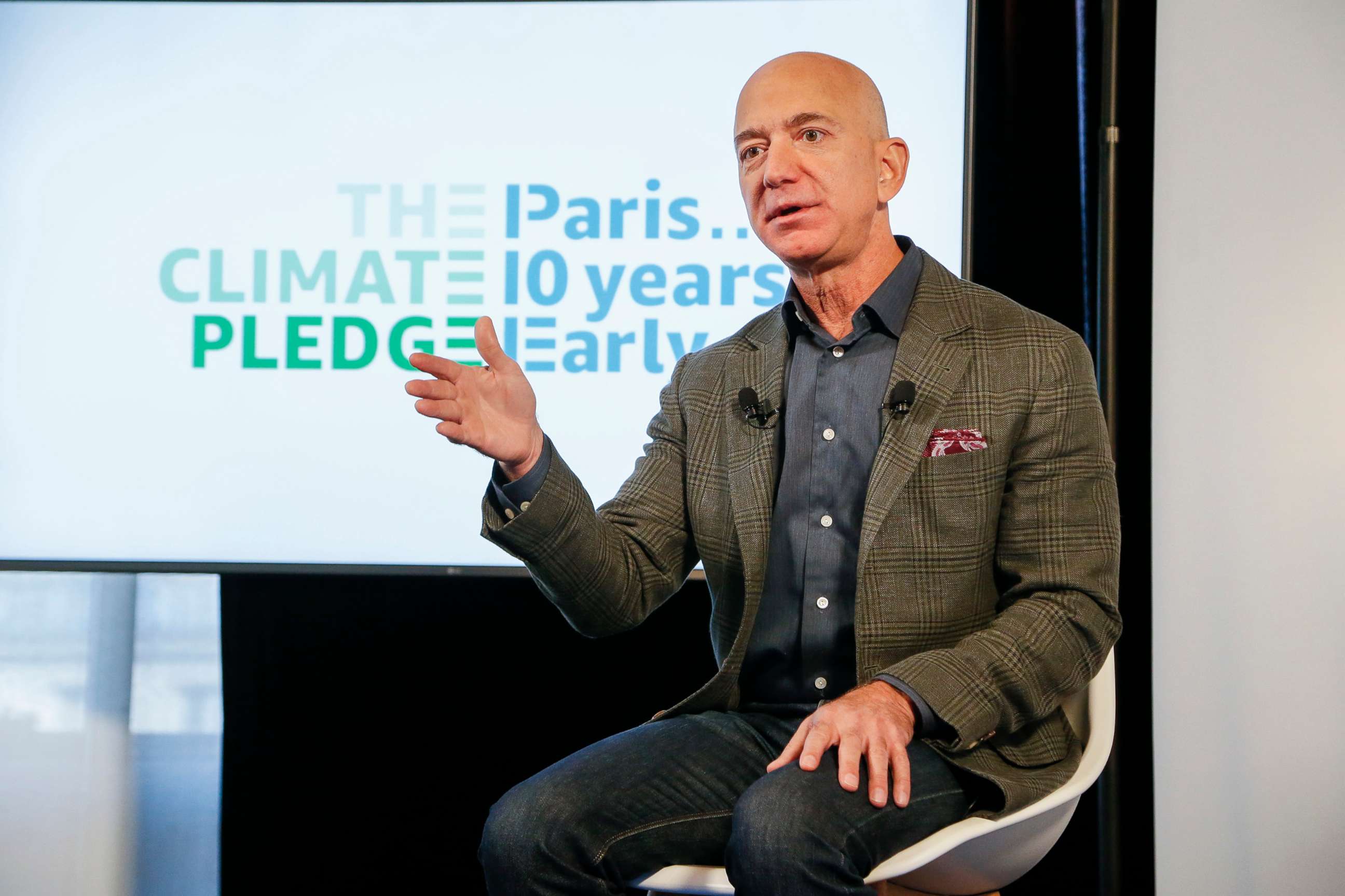 PHOTO: Amazon CEO Jeff Bezos announces  the co-founding of The Climate Pledge at the National Press Club on Sept. 19, 2019, in Washington, D.C.