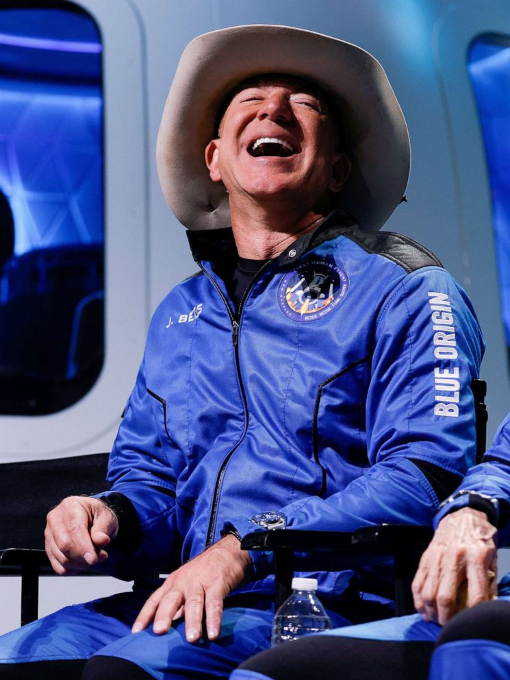 PHOTO: Billionaire Jeff Bezos reacts at a post-launch press conference after his flight on Blue Origin's inaugural flight to the edge of space, in the nearby town of Van Horn, Texas, July 20, 2021.