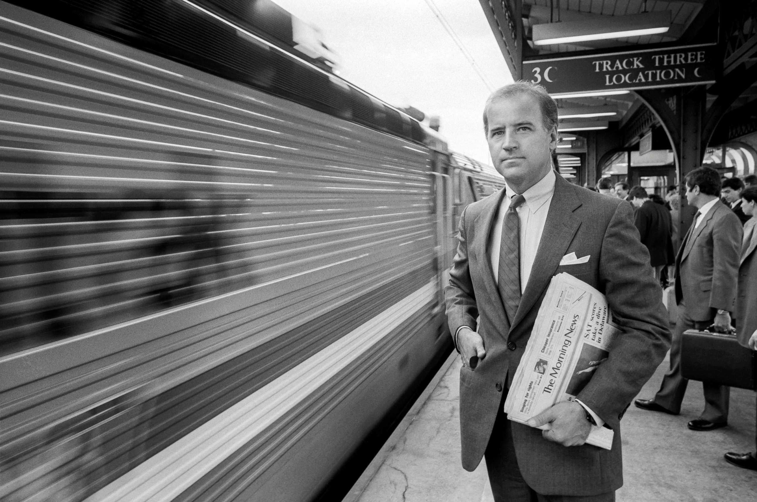PHOTO: In September of 1988, then Senator Joe Biden stands on the platform in Wilmington, Delaware, on his way to Washington, D.C., to work in the Senate.