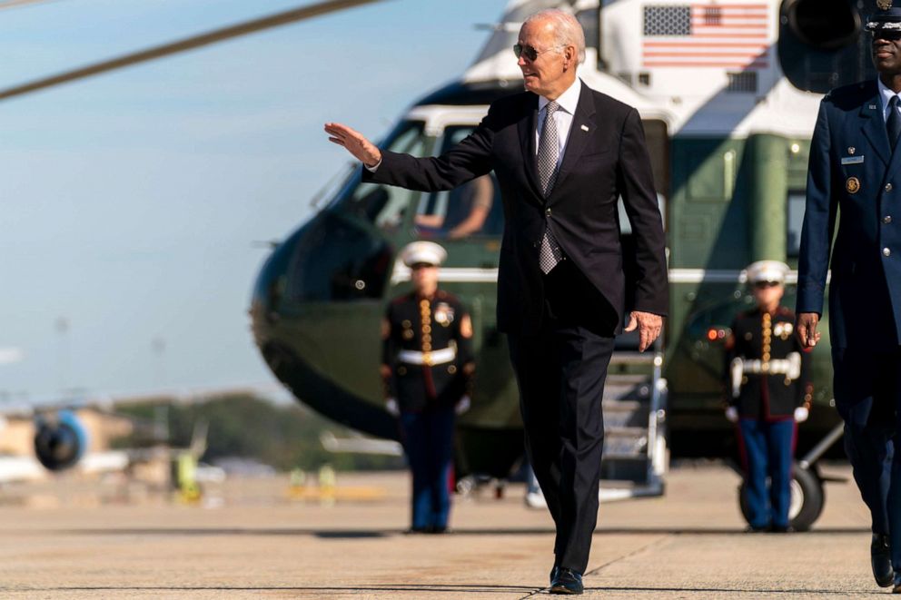 PHOTO: President Joe Biden boards Air Force One at Andrews Air Force Base, Md., Oct. 6, 2022.