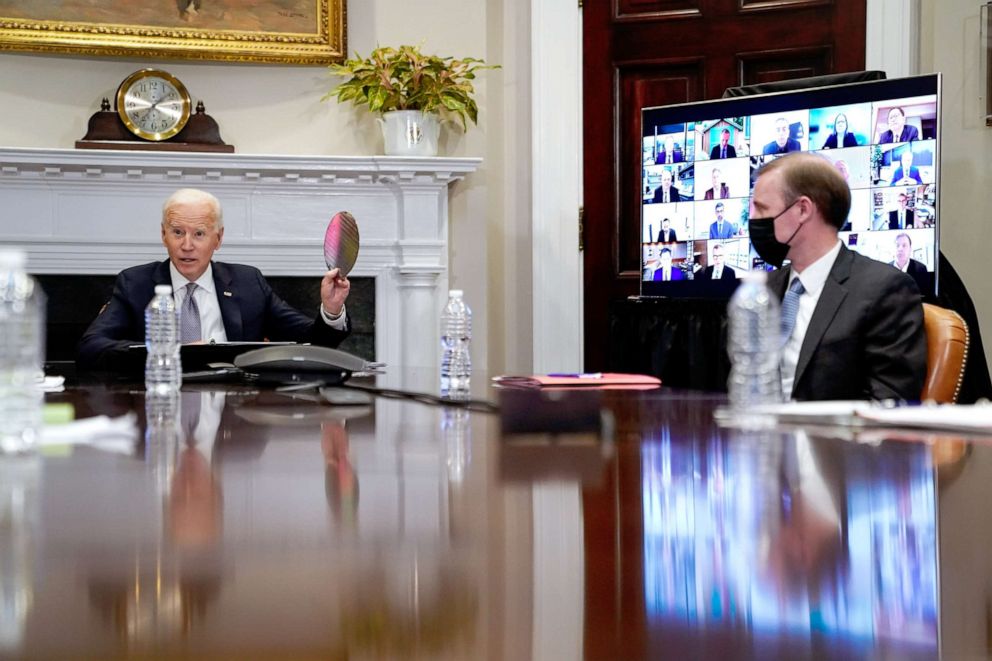PHOTO: President Joe Biden and National Security Advisor Jake Sullivan join a CEO Summit on Semiconductor and Supply Chain Resilience at the White House in Washington, D.C., April 12, 2021. The summit focused on a shortage of semiconductors. 