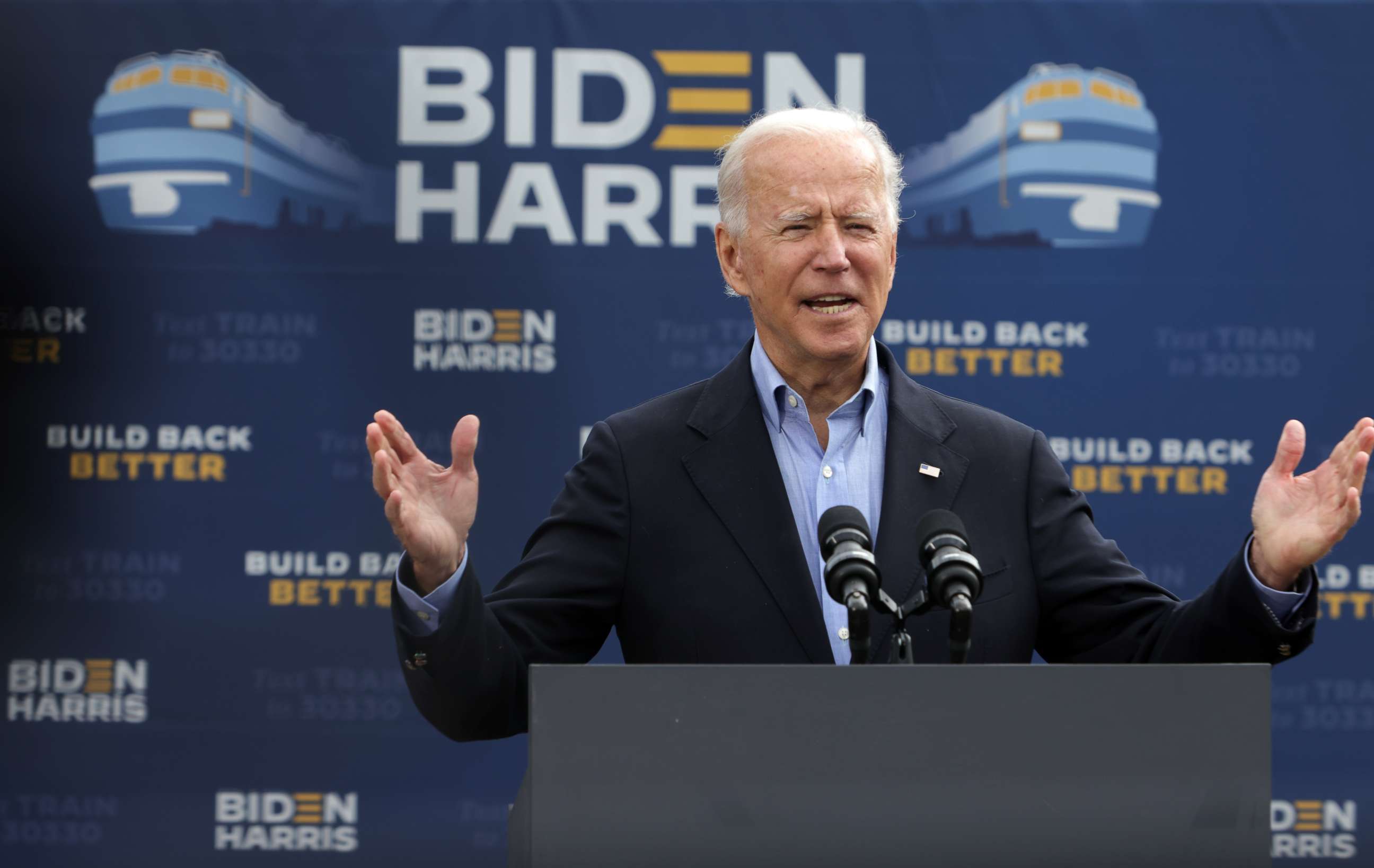 PHOTO: Democratic presidential nominee Joe Biden speaks before the launch of a train campaign tour at the Amtrak Station in Cleveland, Sept. 30, 2020.