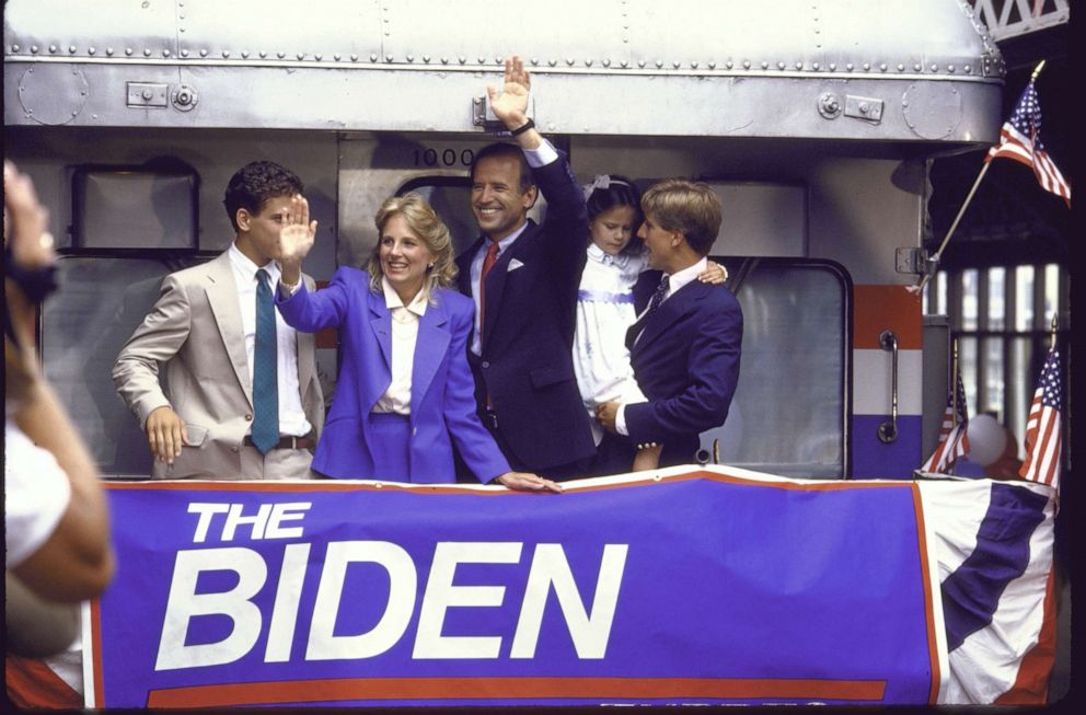 PHOTO: Sen. Joseph R. Biden waves with his family from the back of a train after announcing his candidacy for the Democratic presidential nomination, June 1, 1987.
