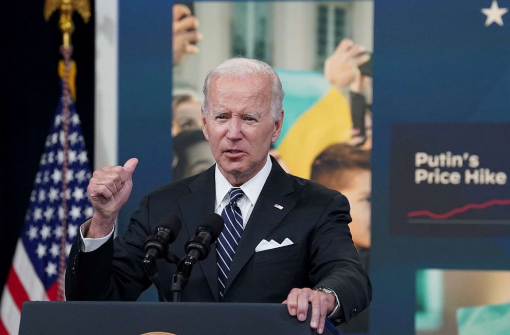 PHOTO: President Joe Biden speaks about gas prices during remarks in the Eisenhower Executive Office Building's South Court Auditorium at the White House in Washington, June 22, 2022.