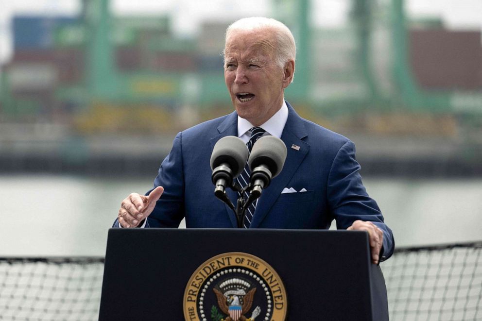 PHOTO: President Joe Biden speak about the economy and inflation from the deck of the USS Iowa at the Port of Los Angeles, on June 10, 2022.