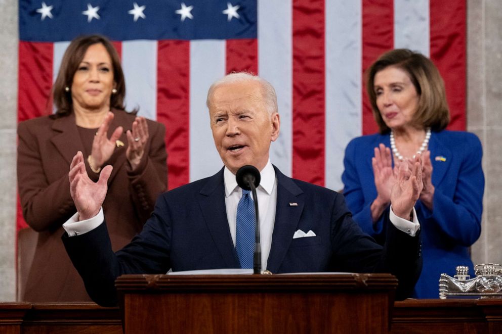 PHOTO: President Joe Biden speaks during a State of the Union address at the U.S. Capitol in Washington, March 1, 2022.