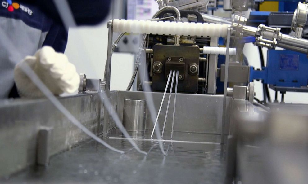 PHOTO: PHA biodegradable plastic is extracted into long strands through an extruder at a CJ Cheiljedang laboratory in Suwon, South Korea, July 16, 2021.
