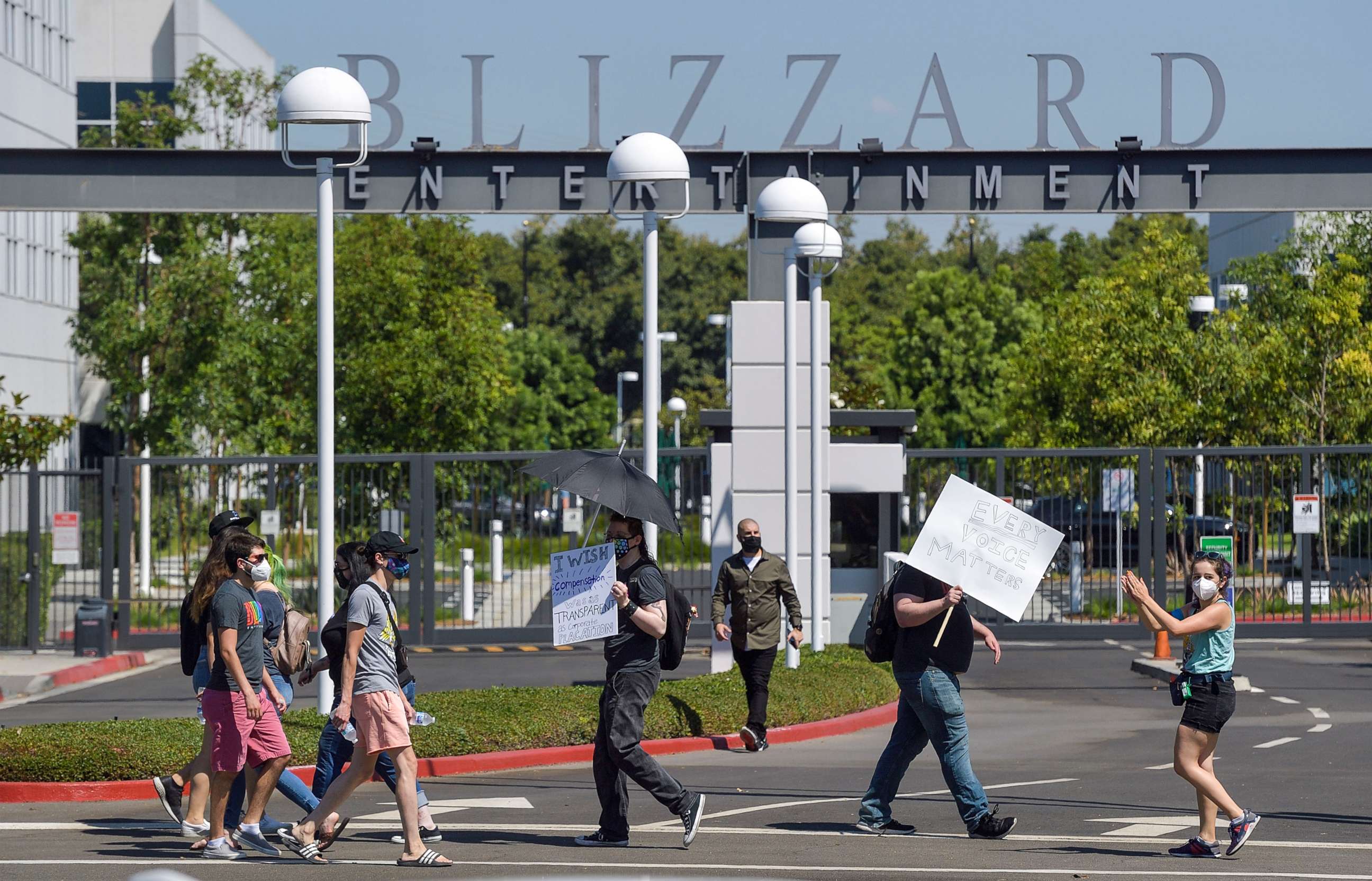 PHOTO: Blizzard Entertainment employees and supporters protest for better working conditions in Irvine, Calif., on July 28, 2021.