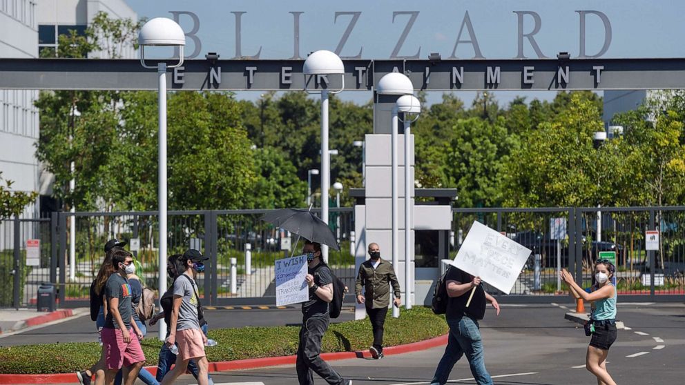 PHOTO: Blizzard Entertainment employees and supporters protest for better working conditions in Irvine, Calif., on July 28, 2021.