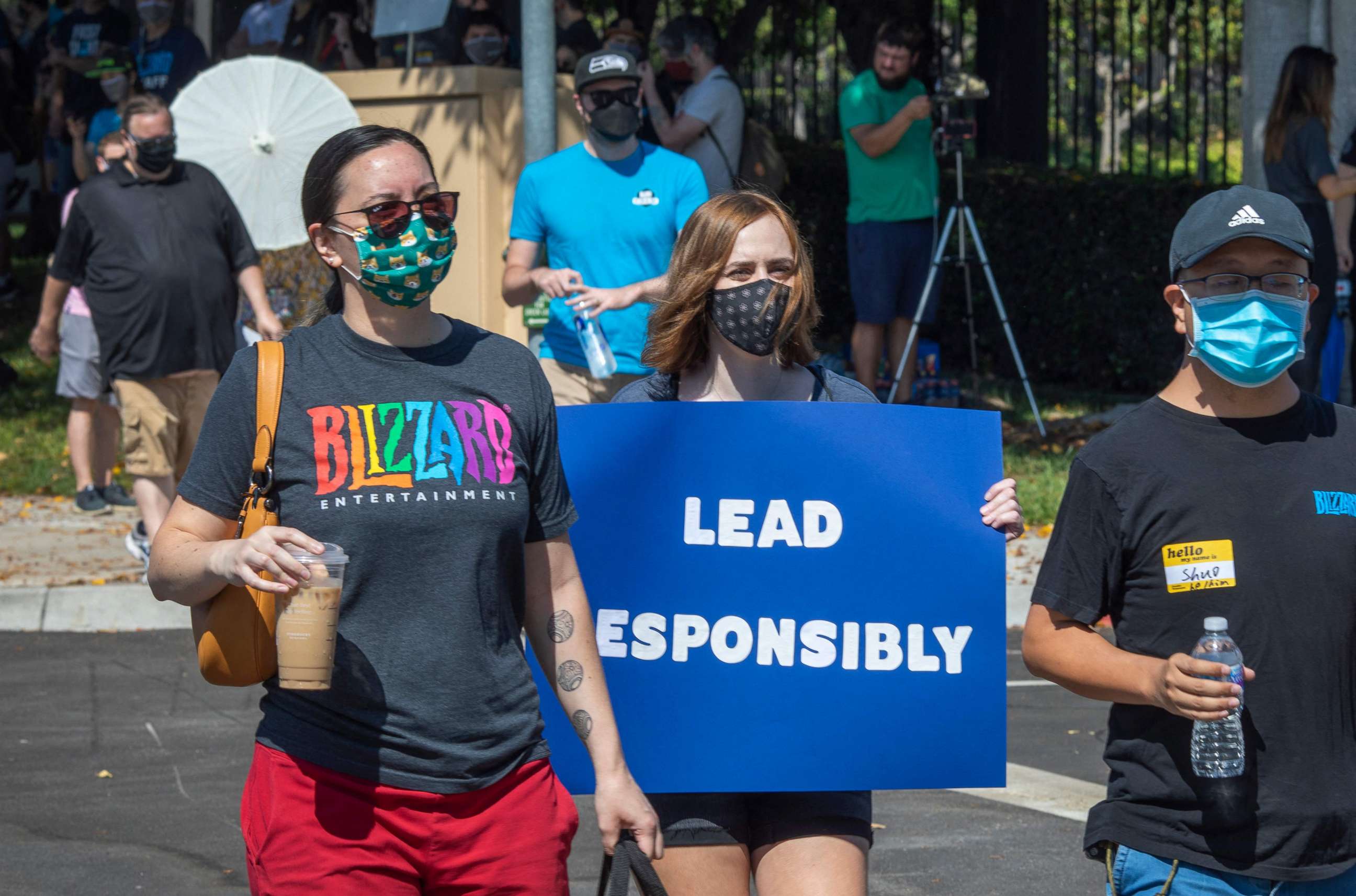 PHOTO: Employees of Activision Blizzard hold a walkout and protest rally in Los Angeles on July 28, 2021.