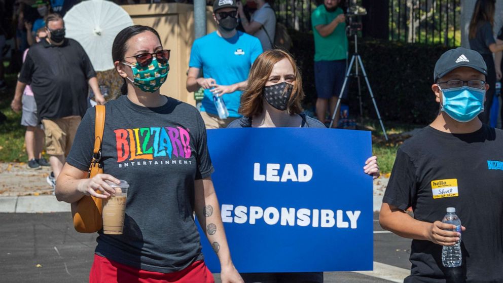 PHOTO: Employees of Activision Blizzard hold a walkout and protest rally in Los Angeles on July 28, 2021.