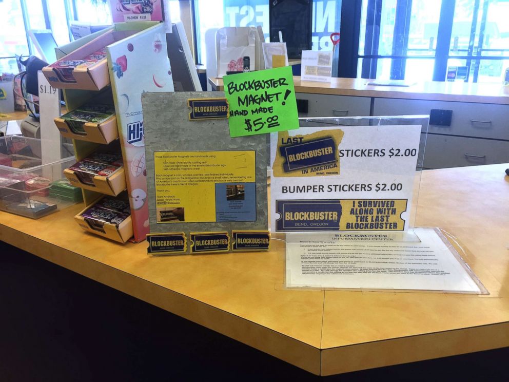 PHOTO: The checkout desk with stickers for sale at the last Blockbuster store in Bend, Oregon.