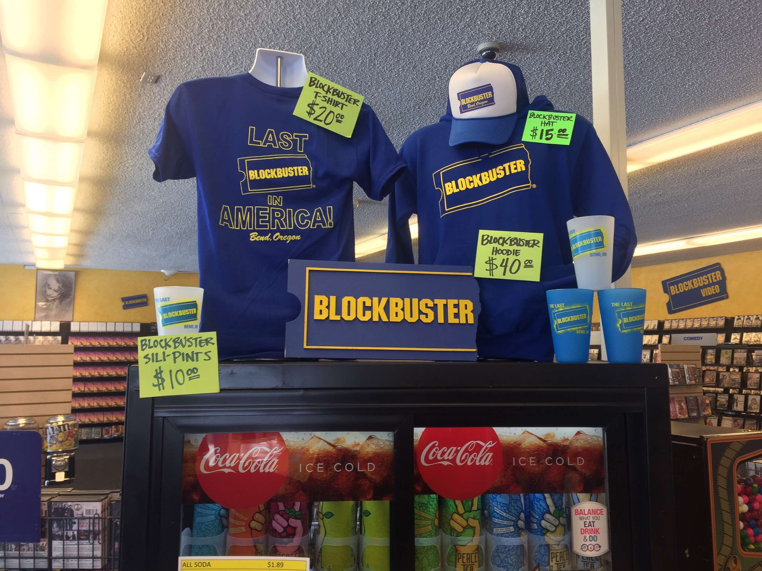 PHOTO: T-shirts, cups and hats for sale at the last Blockbuster store in Bend, Oregon.