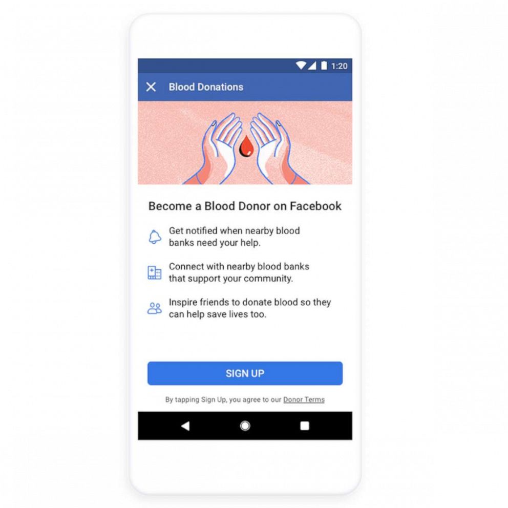 PHOTO: Facebook has launched a blood donations feature in the United States, June 12, 2019. 