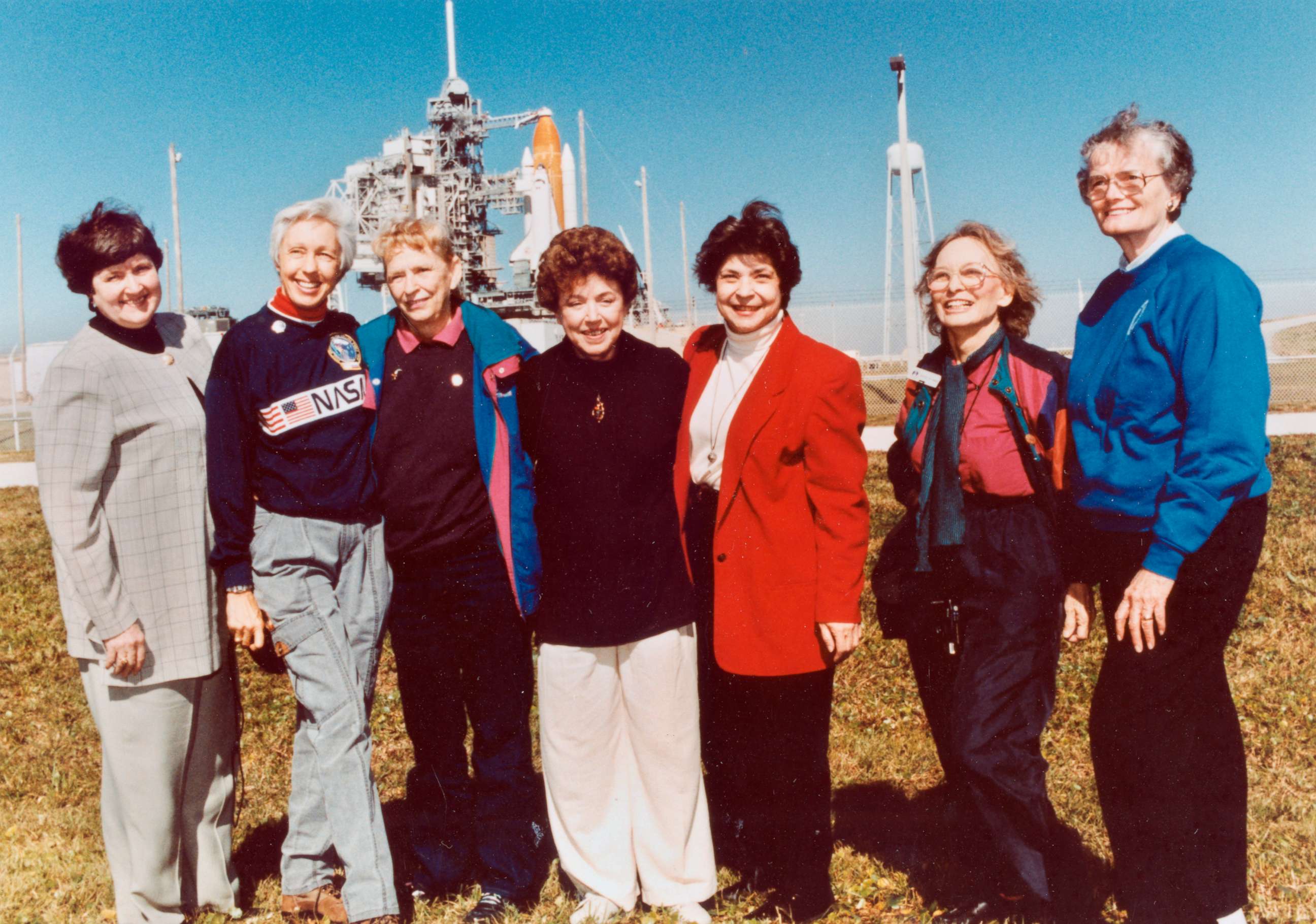 PHOTO: Members of the FLATs, also known as the Mercury 13, gather for a photo as they attend a shuttle launch in Florida in 1995. From left are Gene Nora Jessen, Wally Funk, Jerrie Cobb, Jerri Truhill, Sarah Rutley, Myrtle Cagle and Bernice Steadman.