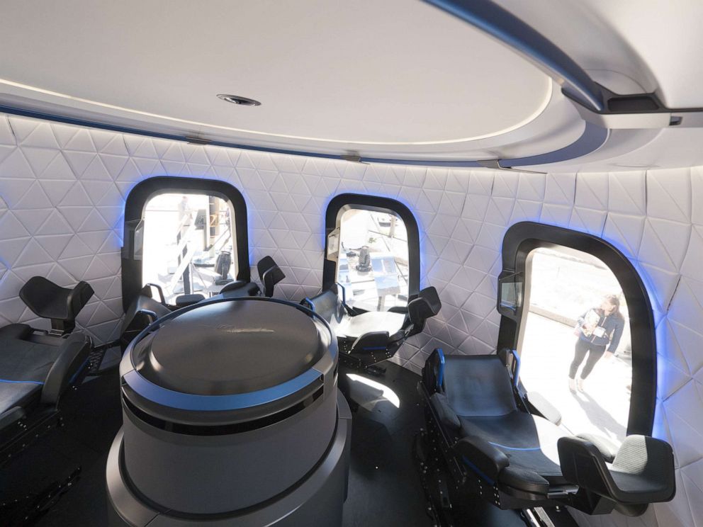 PHOTO: The interior the high fidelity crew capsule mock up of the Blue Origin LLC New Shepard system sits on display during the Space Symposium in Colorado Springs, Colo., April 5, 2017.