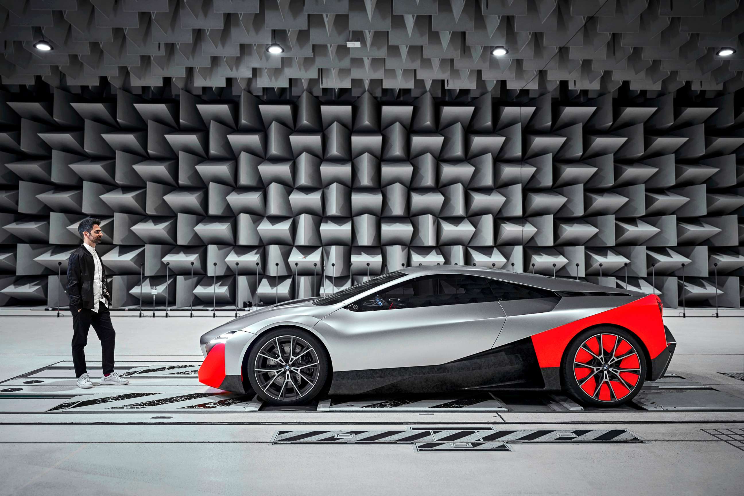 PHOTO: BMW sound designer Renzo Vitale stands next to the BMW Vision M NEXT in an anechoic chamber at the BMW test facilities in Aschheim near Munich, Germany.