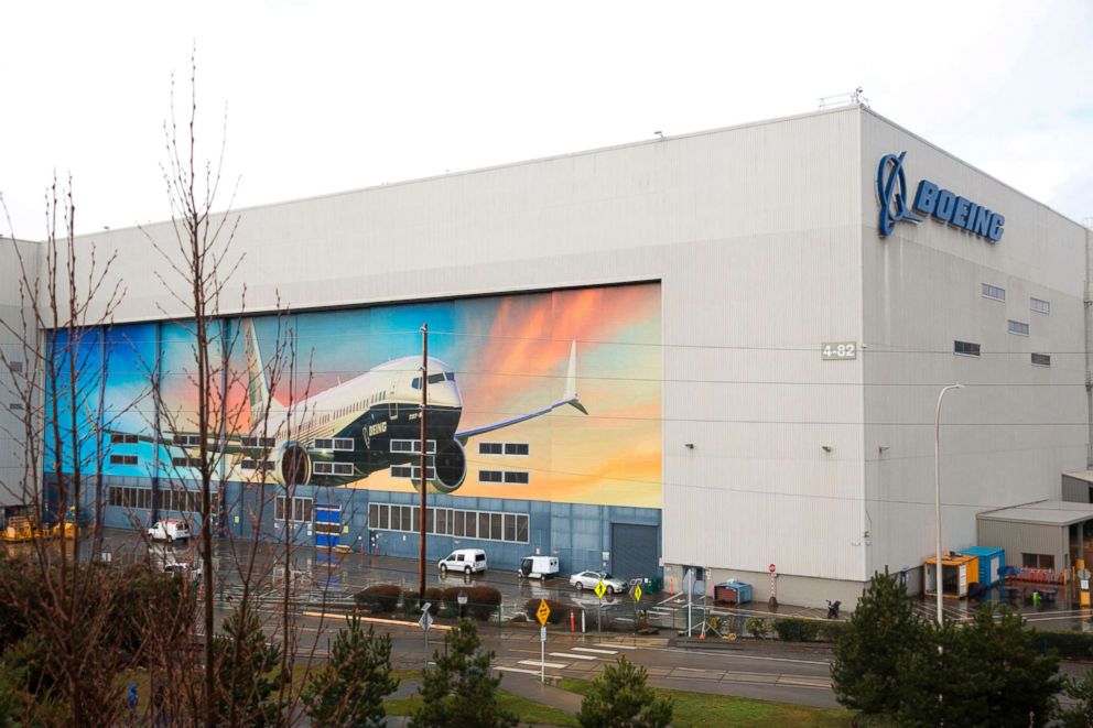 PHOTO: An image of a Boeing 737 MAX 8 is pictured on the exterior of the Boeing Renton Factory in Renton, Washington, March 12, 2019.