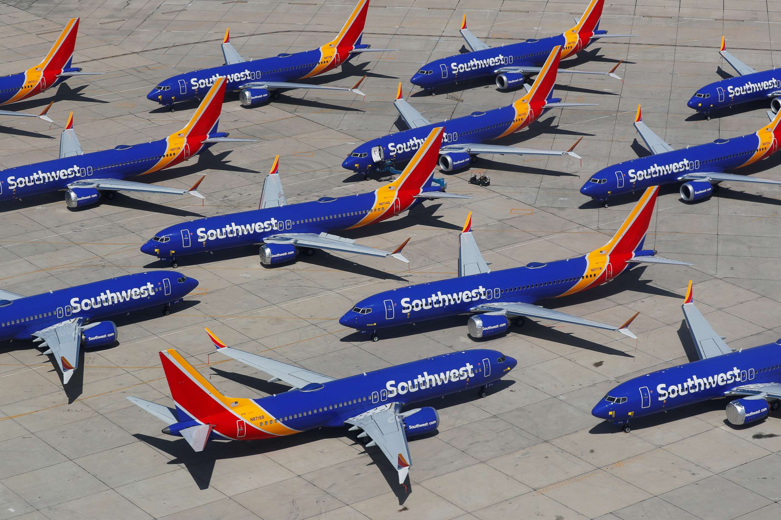 PHOTO: Grounded Southwest Airlines Boeing 737 MAX 8 aircraft are shown parked at Victorville Airport in Victorville, Calif., March 26, 2019.