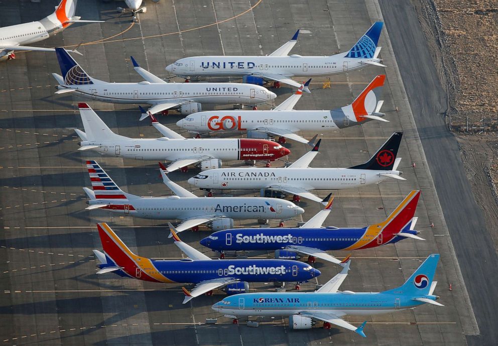 PHOTO: An aerial photo shows Boeing 737 MAX aircraft at Boeing facilities at the Grant County International Airport in Moses Lake, Washington, in this September 16, 2019, file photo.