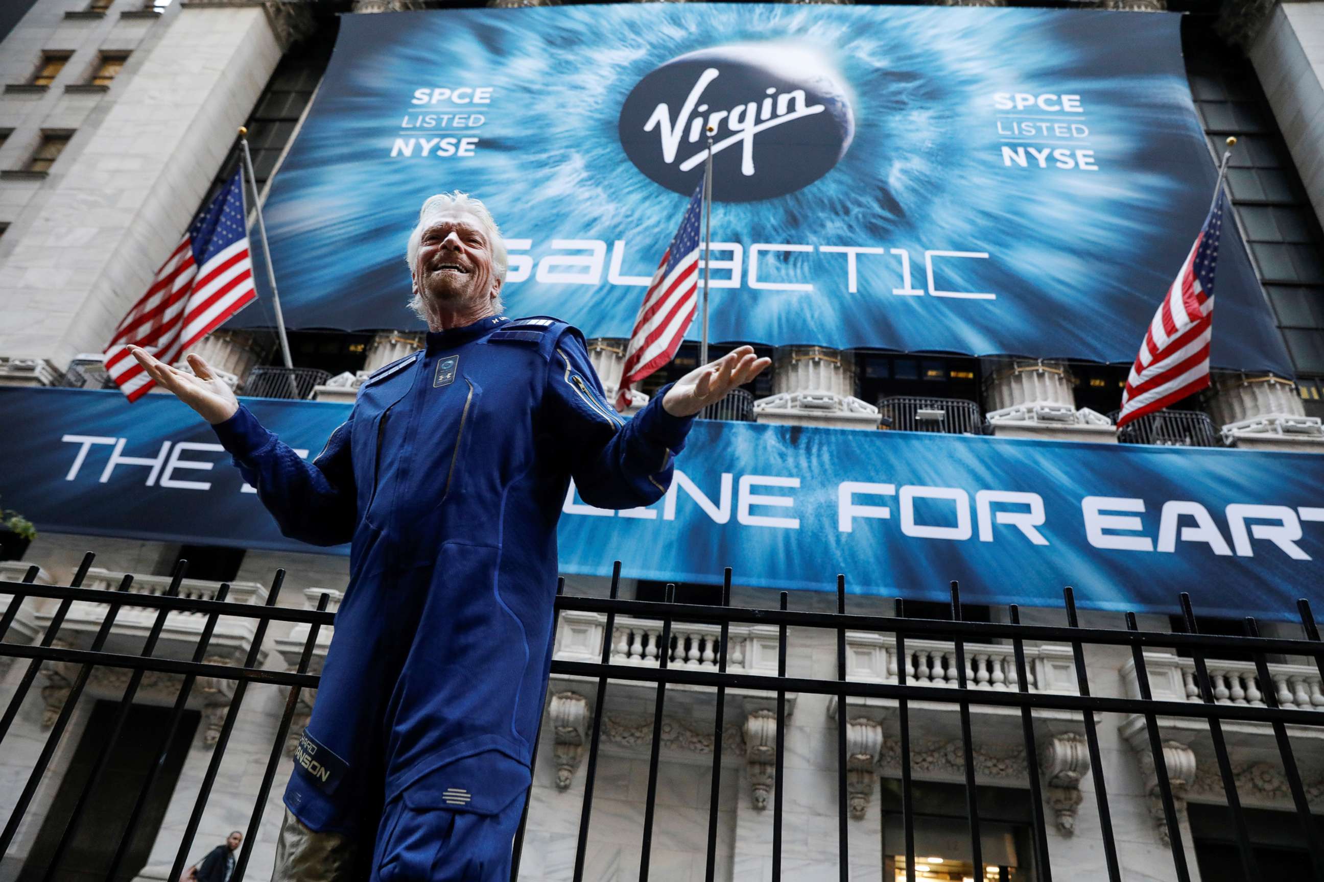 PHOTO: Sir Richard Branson stands outside the New York Stock Exchange ahead of the Virgin Galactic (SPCE) IPO in New York, Oct. 28, 2019.