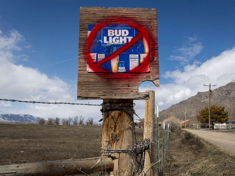 PHOTO: In this April 21, 2023, file photo, a sign disparaging Bud Light beer is seen along a country road in Arco, Idaho.