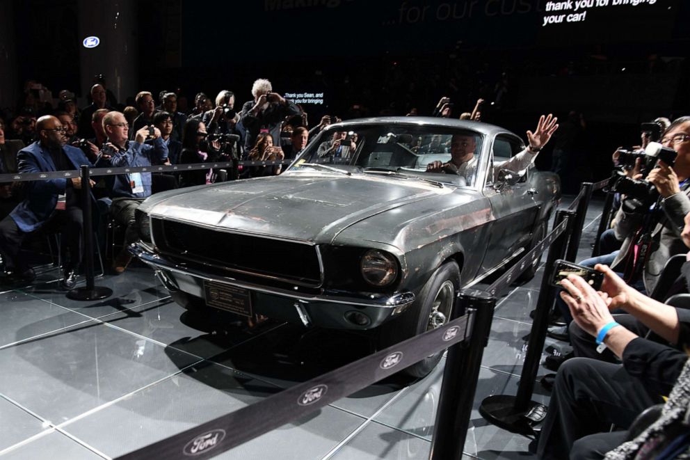 PHOTO: The original Ford Mustang that actor Steve McQueen used in the 1968 thriller film Bullitt, is presented during a press preview at the 2018 North American International Auto Show (NAIAS) in Detroit, Jan. 14, 2018.